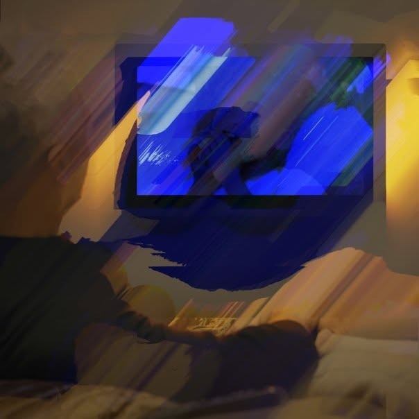 Shared fruits should be televised: a figure in front of a television screen, smeared with streaks of blue and amber