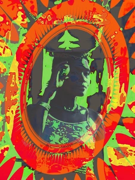 She is a hero: a woman carrying a load on her head, framed in an ornate orange oval among red and green leaves