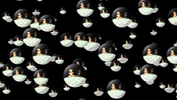 Zero point seven gravity: floating glass spheres on black, each holding a small light and a small dark figure on a globe