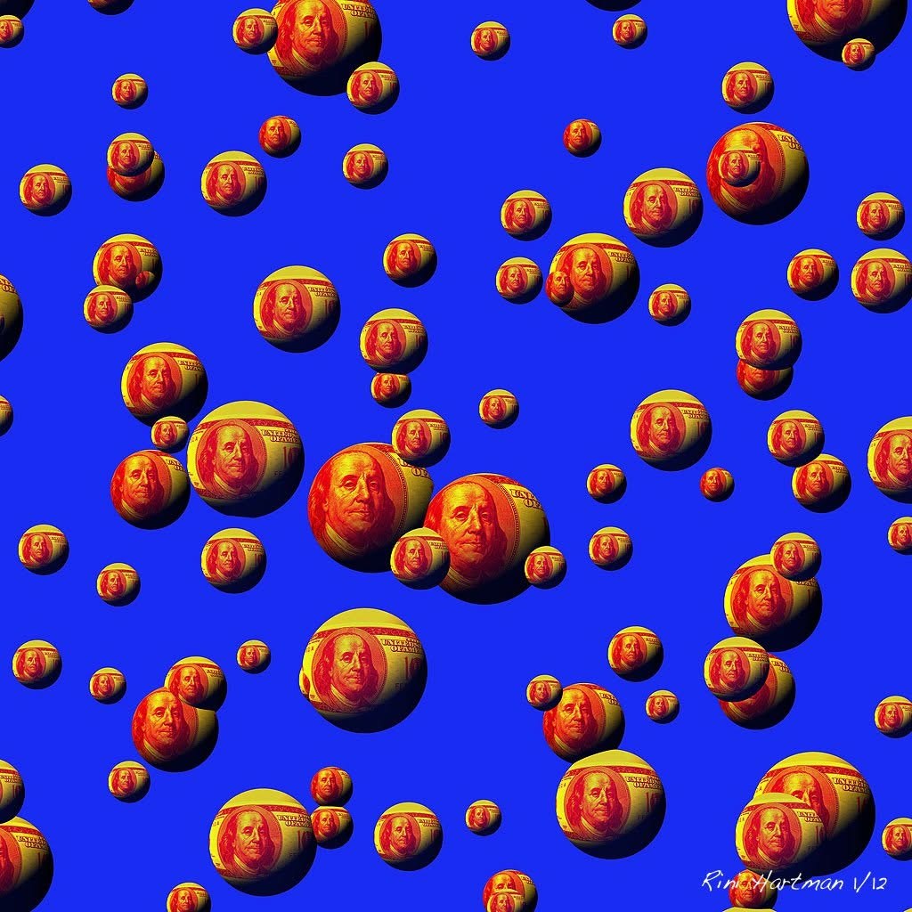 Bubbless: dozens of spheres printed with Benjamin Franklin, floating on bright blue