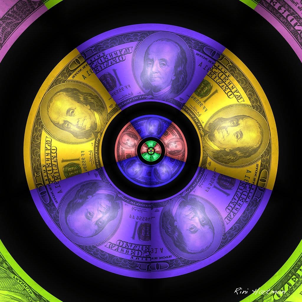 Rien ne va plus: concentric rings of 100 dollar notes in purple, yellow and green, like a target
