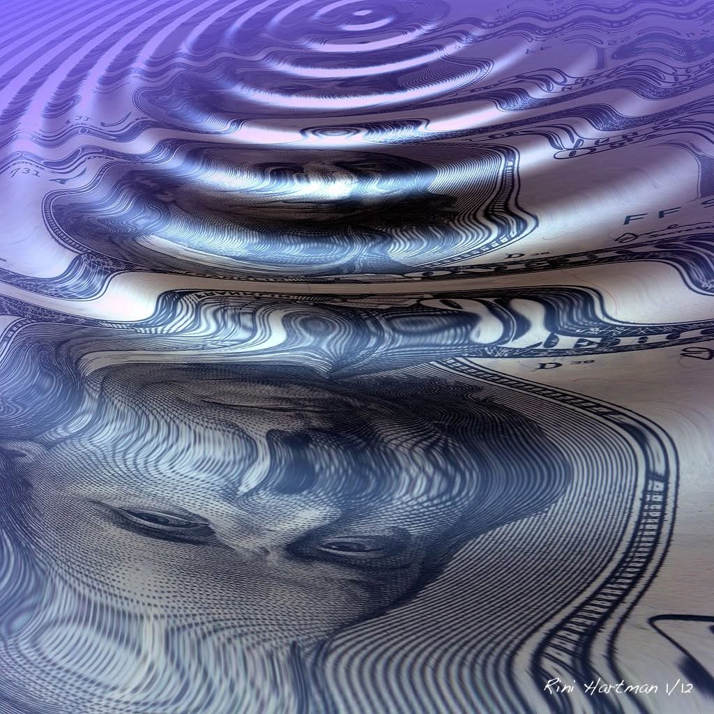 The curious wrinkles of Uncle Benjamin: a 100 dollar note seen as a rippling water surface, the face distorted