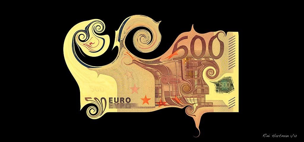 No name: a 500 euro note dissolving into swirls on black