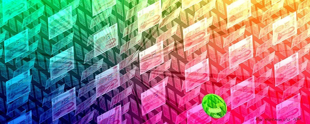 Don Yuan and the irresistible G-spot: translucent banknotes drifting across a rainbow gradient, with one small green coin