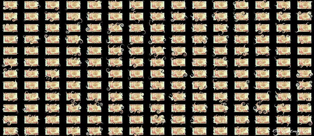 Silly Pounds / Brexit/Flexit: a grid of identical banknotes on black, some slowly curling into spirals