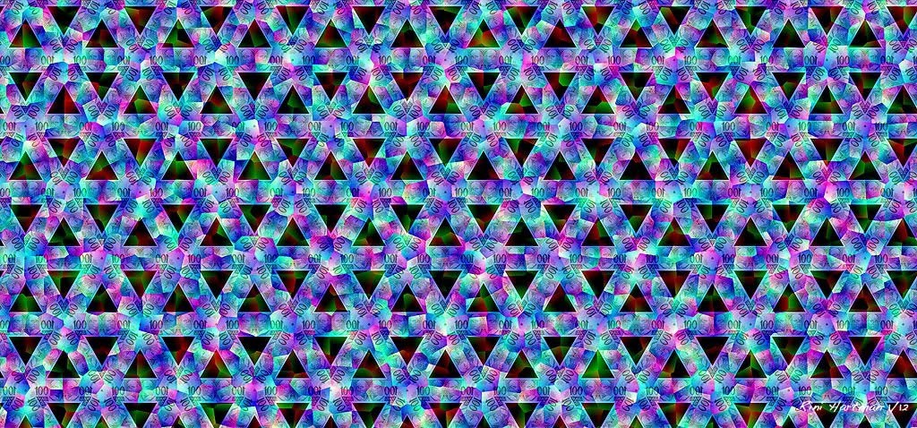 In the name of Triple Reality: a kaleidoscope pattern of 100 euro notes in blue, pink and cyan around dark triangles