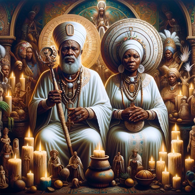 Pretos Velhos: an elderly man and woman in white robes and head wraps seated side by side among candles, beads and small figures, each with a golden halo