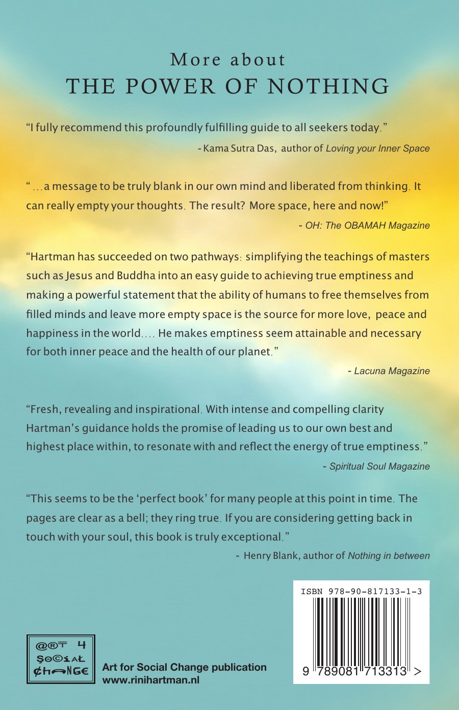 Back cover: More about The Power of Nothing, with five invented reviews, the Art for Social Change imprint and the ISBN barcode